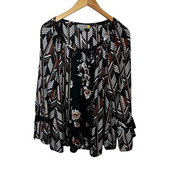 Figueroa & Flower Top Womens XL Black Geo Floral Print Boho Peasant Flowy Blouse - Picture 1 of 8